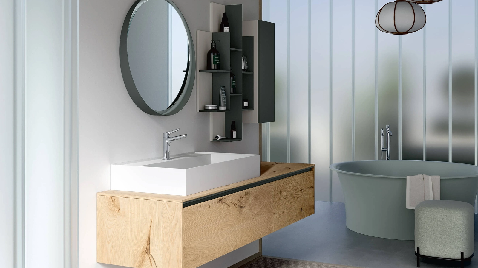 Mobile da Bagno sospeso Soul Wood 122 in Rovere nodato e lavabo in Mineralux di Rab Arredobagno