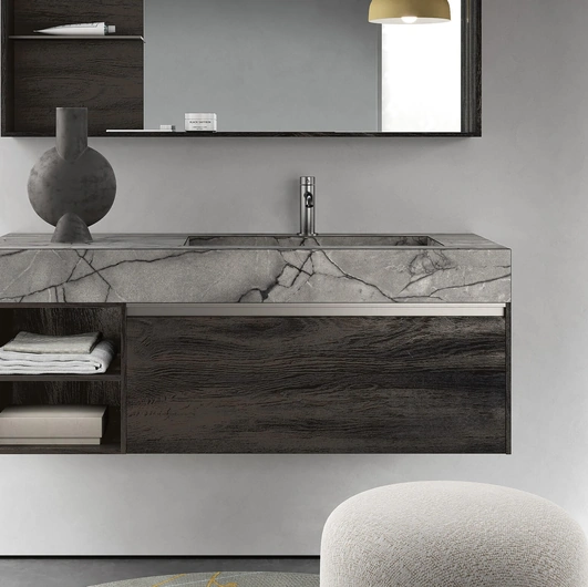 Mobile da Bagno sospeso Soul Wood 126 in Rovere bruciato e HPL di Rab Arredobagno