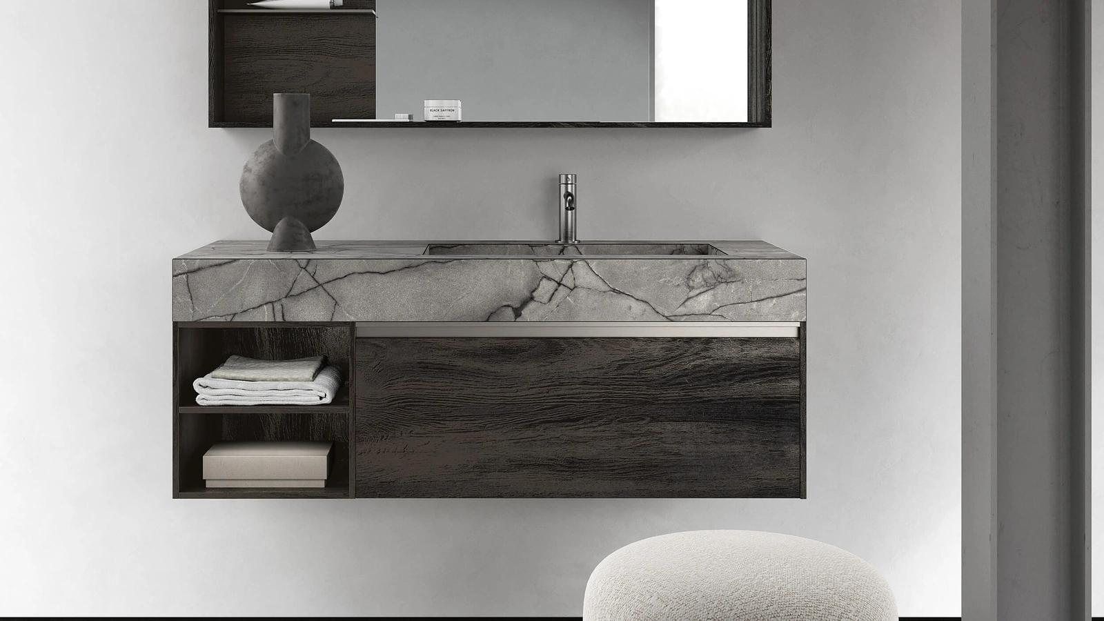 Mobile da Bagno sospeso Soul Wood 126 in Rovere bruciato e HPL di Rab Arredobagno