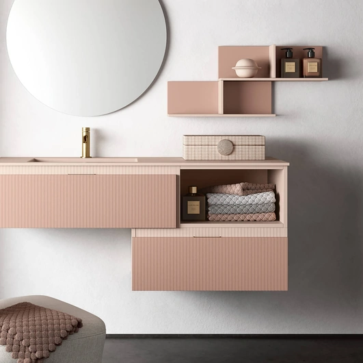 Mobile da Bagno Step 100 con lavorazione a righe verticali in laccato opaco cipria e pesca di Rab Arredobagno