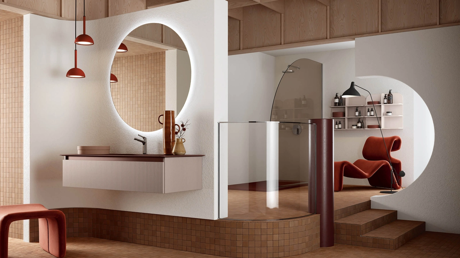 Mobile da Bagno sospeso Step 101 con top in Fenix rosso Jaipur con vasca Plano. base in laccato Camoscio opaco con gola in laccato rosso Jaipur opaco di Rab Arredobagno