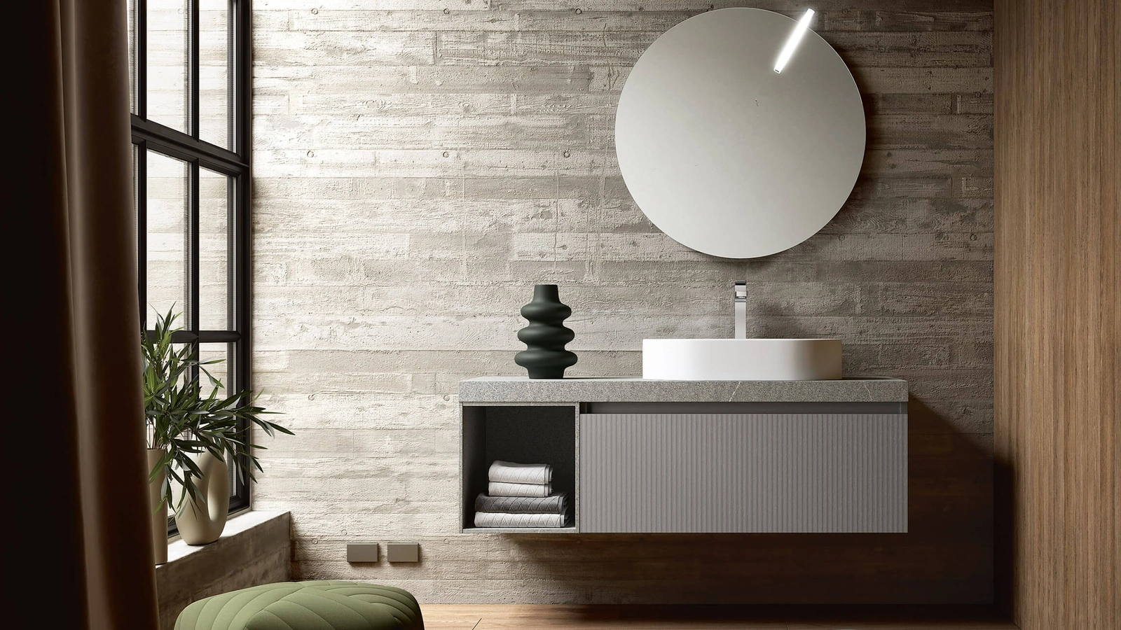 Mobile da Bagno sospeso con texture a righe Step 103 in laccato cemento opaco e materico Piacentina cenere di Rab Arredobagno