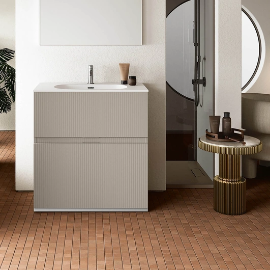 Mobile da Bagno a terra con texture a righe tridimensionali Step105 in laccato beige Arizona opaco di Rab Arredobagno