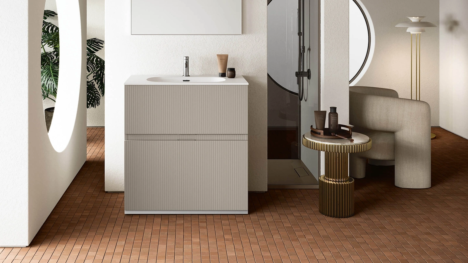 Mobile da Bagno a terra con texture a righe tridimensionali Step105 in laccato beige Arizona opaco di Rab Arredobagno