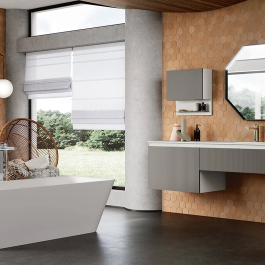 Mobile da Bagno sospeso Step 109 con basi e pensile in laccato grigio Efeso opaco e frontali in laccato grigio Londra opaco di Rab Arredobagno