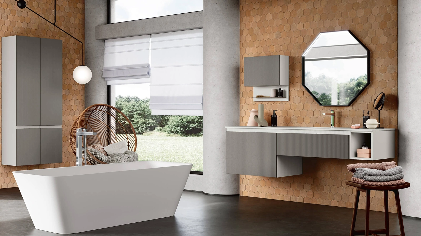 Mobile da Bagno sospeso Step 109 con basi e pensile in laccato grigio Efeso opaco e frontali in laccato grigio Londra opaco di Rab Arredobagno