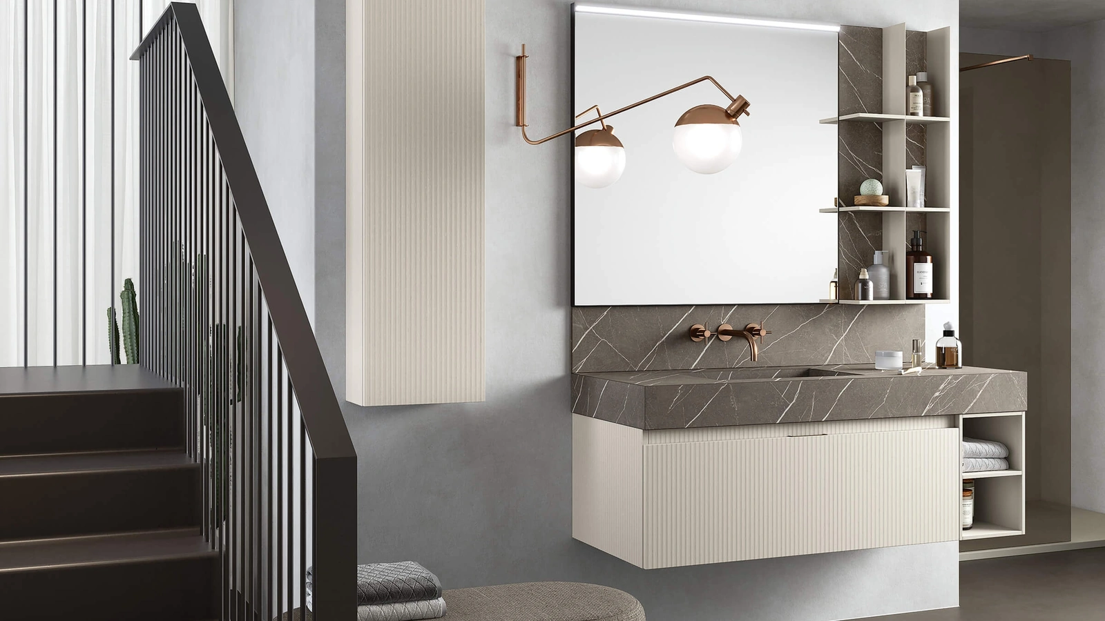 Mobile da Bagno sospeso Step 110 in laccato seta opaco con top in HPL Selce con vasca integrata di Rab Arredobagno