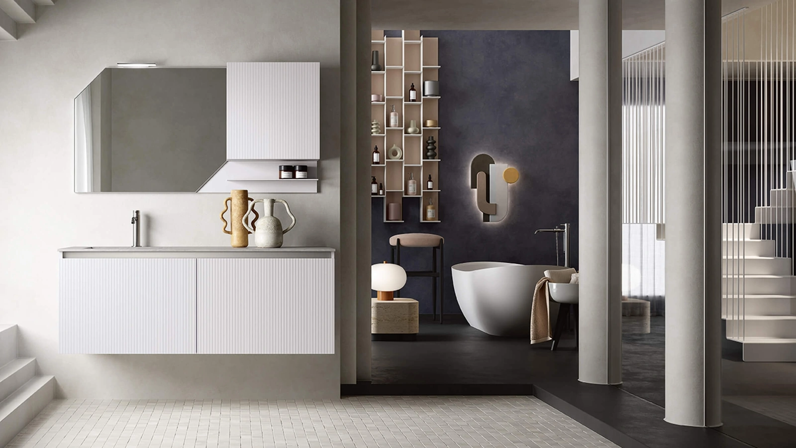 Mobile da Bagno sospeso con lavorazione a righe verticali Step 112 in laccato Polvere opaco e top in laminam pietra di Savoia di Rab Arredobagno