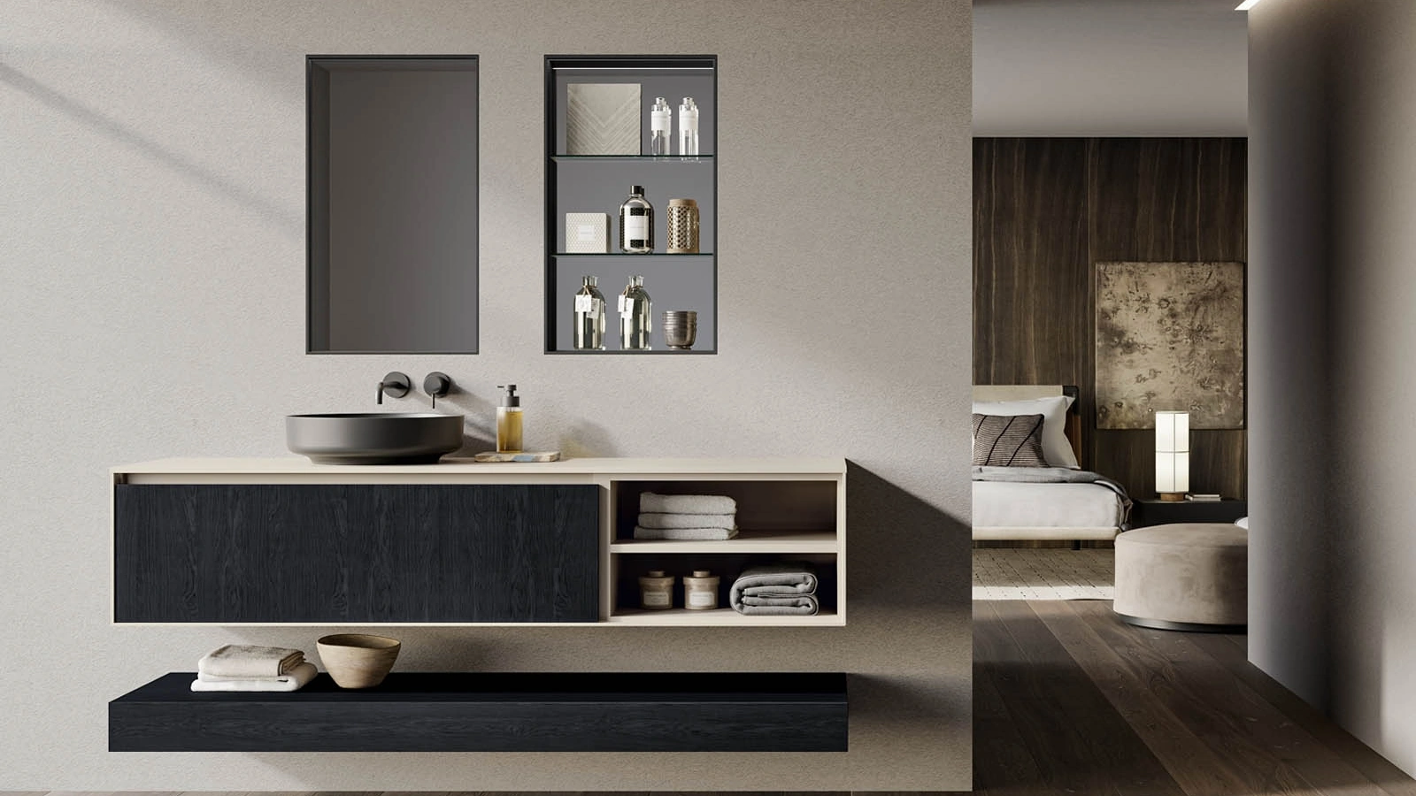 Mobile da Bagno sospeso in essenza rovere carbone e laccato opaco tortora Traccia 03 di Birex