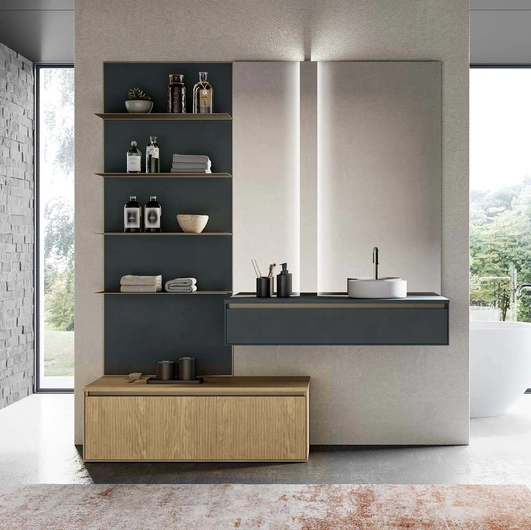 Mobile da Bagno sospeso in laccato opaco grigio antracite e canneté essenza rovere naturale Traccia 06 di Birex
