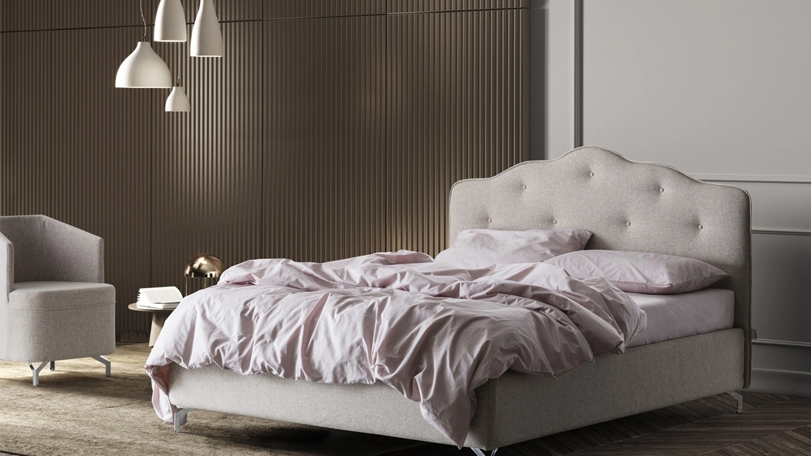 Letto in tessuto con testiera sagomata e trapuntata con bottoni Barbara di Stilfar Italia