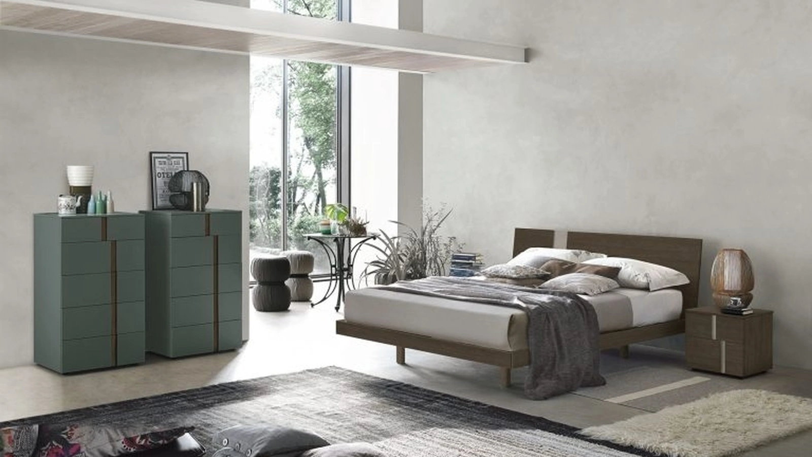 Letto Tablet in materico rovere moka e inserto materico alpaca di Tomasella