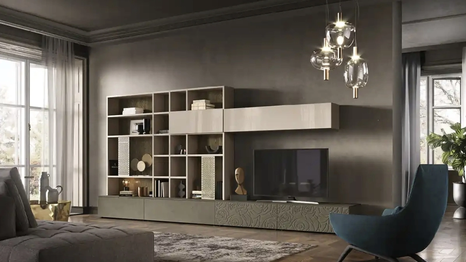 Libreria componibile Kosmos KL201 in legno, laccato e materico di Moretti Compact Giorno Notte