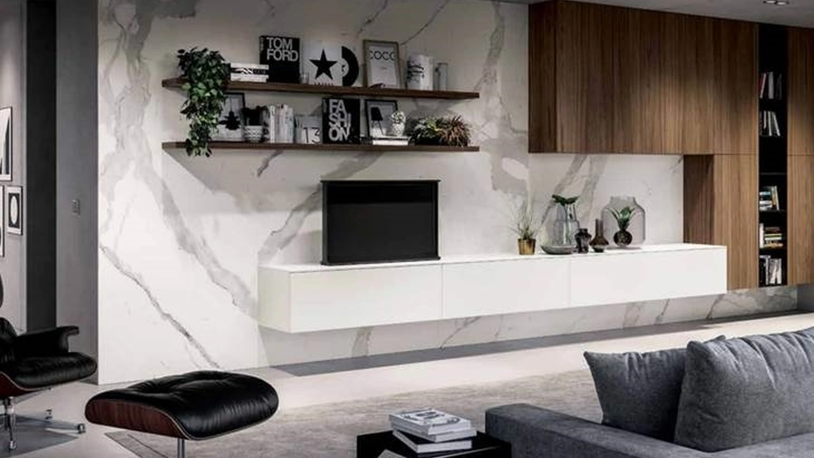 Parete Attrezzata sospesa Fly&Kyton 1 in laccato opaco bianco e legno di Noce Canaletto di Nova Cucina