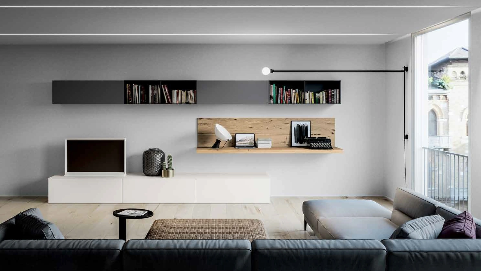 Parete Attrezzata Fly&Kyton 2 in laccato bianco opaco e legno di Briccola naturale di Nova Cucina