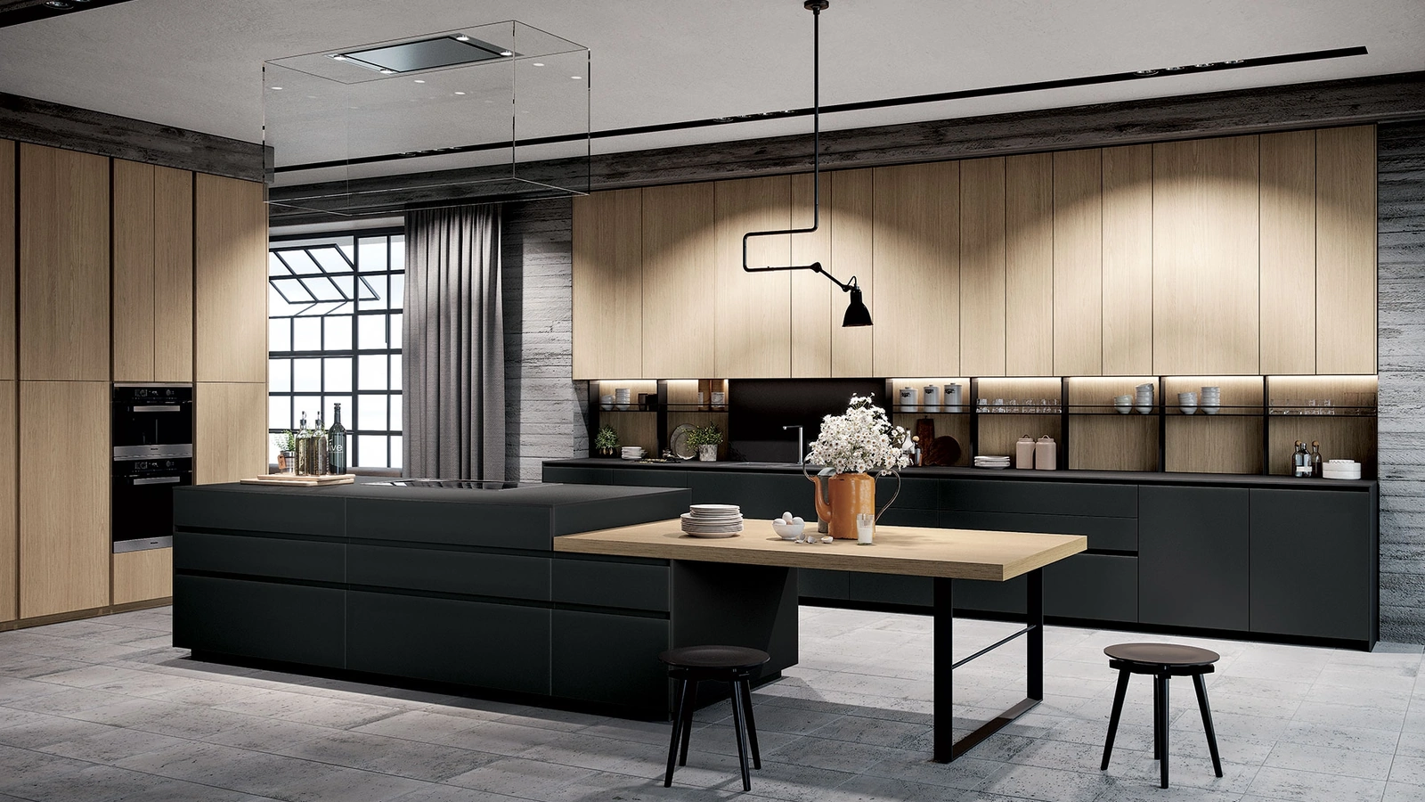 Cucina Design con isola Fly in vetro satinato e rovere di Nova Cucina