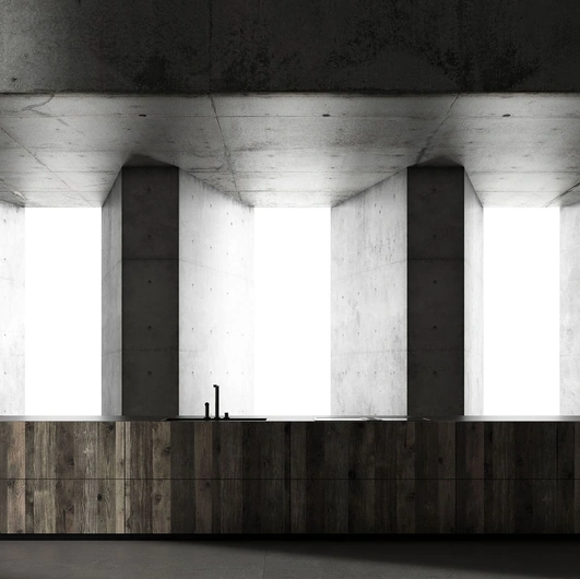 Cucina Design con isola Kyton Lab4|0 1 in rovere ossido e pietra gray di Nova Cucina