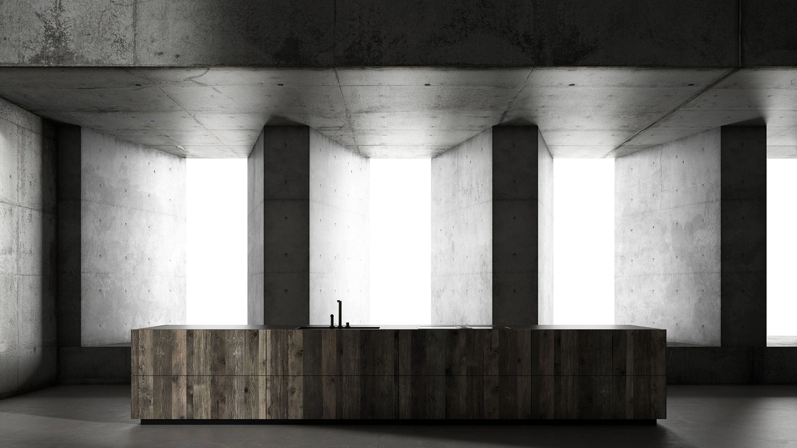 Cucina Design con isola Kyton Lab4|0 1 in rovere ossido e pietra gray di Nova Cucina